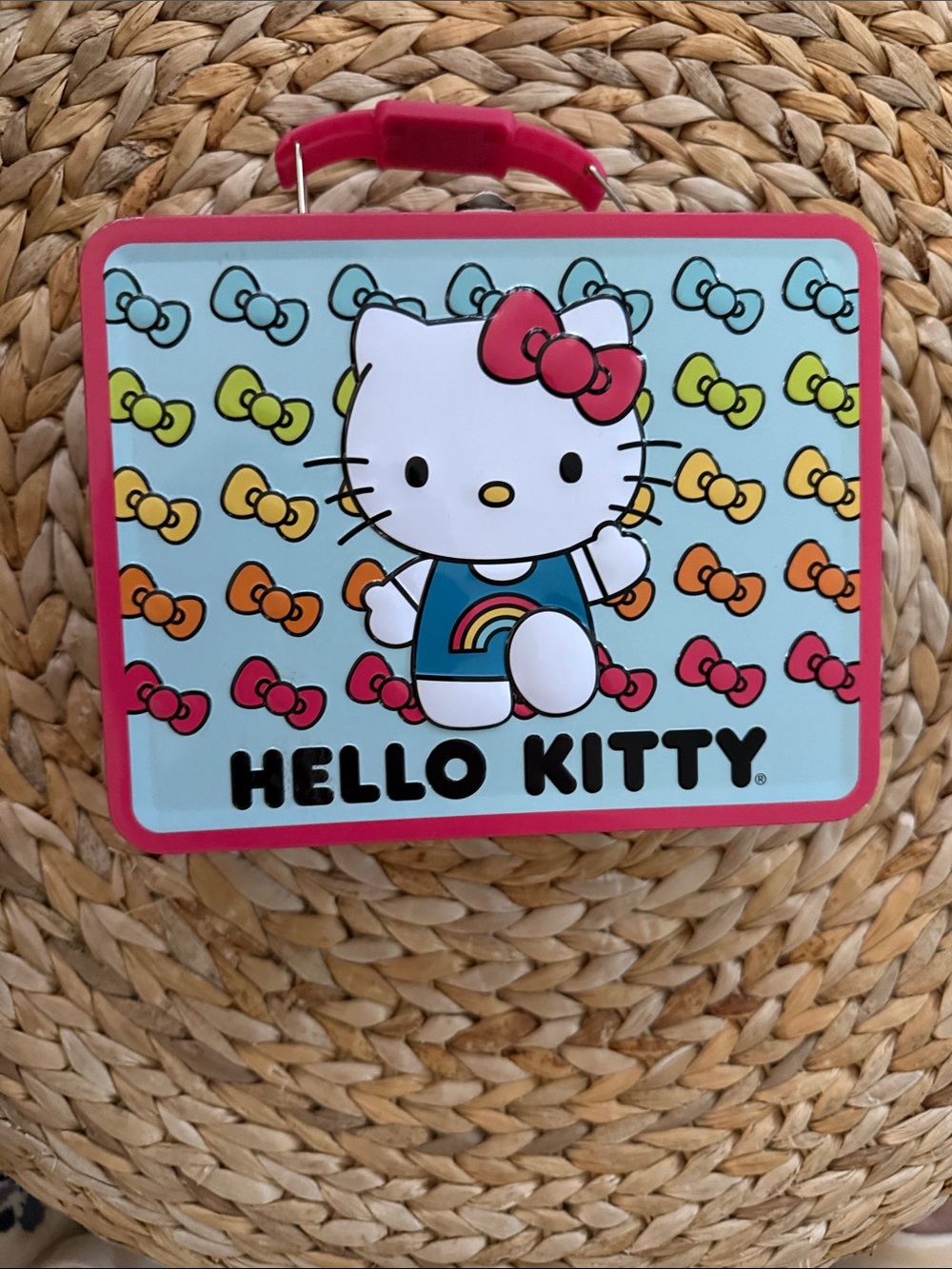 Hello Kitty Light Blue Tin Lunchbox with Pink Trim and Multicolor Bows